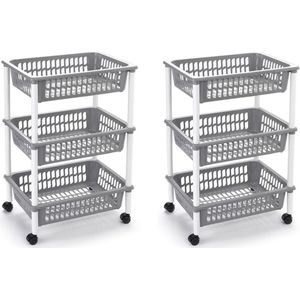 2x stuks opberg trolley/roltafel/organizer met 3 manden 40 x 30 x 61,5 cm wit/lichtgrijs - Etagewagentje/karretje