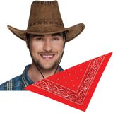 Carnaval verkleedset cowboyhoed Elroy bruin - met rode hals zakdoek - voor volwassenen