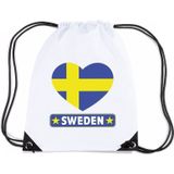Zweden nylon rijgkoord rugzak/ sporttas wit met Zweedse vlag in hart