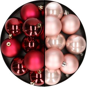 24x stuks kunststof kerstballen mix van donkerrood en lichtroze 6 cm - Kerstversiering