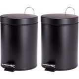 MSV Prullenbak/pedaalemmer - 2x - metaal - zwart - 5 liter - 20 x 28 cm - Badkamer/toilet