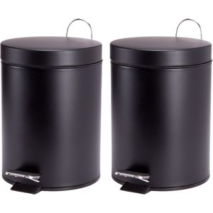 MSV Prullenbak/pedaalemmer - 2x - metaal - zwart - 5 liter - 20 x 28 cm - Badkamer/toilet