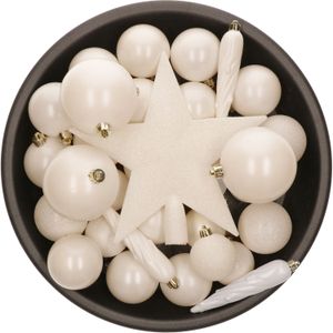 Decoris kerstballen met piek - 33x st - kunststof - wol wit - 5-6-8 cm