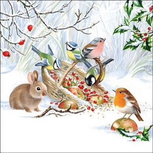 80x stuks diner/lunch servetten 33 x 33 cm winter konijn en vogels - Feestservetten/wegwerpservetten