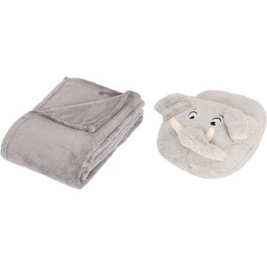 Apollo - Fleece deken grijs 125 x 150 cm met voetenwarmer slof olifant one size