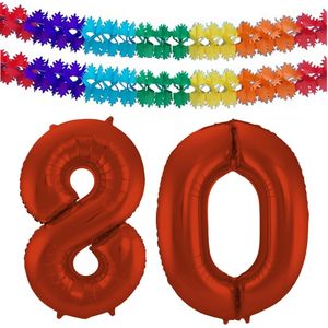 Folat folie ballonnen - Leeftijd cijfer 80 - rood - 86 cm - en 2x slingers