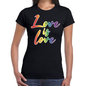 Love is love gay pride t-shirt zwart met regenboog tekst voor dames -  Gay pride/LGBT kleding