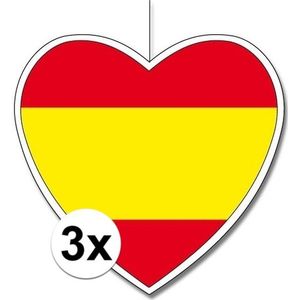 3x Hangdecoratie hart Spanje14 cm - Spaanse vlag EK/WK landen versiering