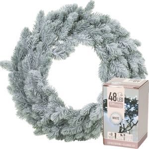 Decoris Kerstkrans - groen met sneeuw - D36 cm - incl. verlichting helder wit