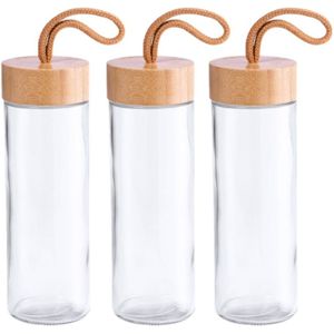 6x Stuks glazen waterfles/drinkfles transparant met bamboe houten dop met handvat 420 ml - Sportfles - Bidon