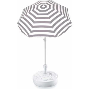 Grijs gestreepte lichtgewicht strand/tuin basic parasol van nylon 180 cm + vulbare parasolvoet wit van plastic