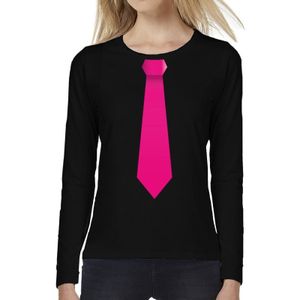 Stropdas fuchsia roze long sleeve t-shirt zwart voor dames- zwart shirt met lange mouwen en stropdas bedrukking voor dames