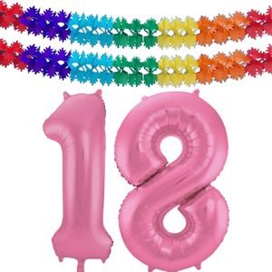 Folat folie ballonnen - Verjaardag leeftijd cijfer 18 - glimmend roze - 86 cm - en 2x feestslingers