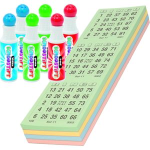 100x Bingokaarten nummers 1-75 inclusief 6x bingostiften blauw/groen/rood