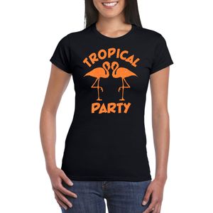 Bellatio Decorations Tropical party T-shirt dames - met glitters - zwart/oranje -carnaval/themafeest