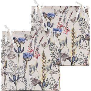 Anna's collection Stoelkussen bloem - 2x - wit/paars - 40 x 40 cm - binnen/buiten