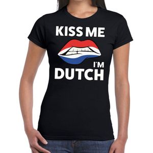Kiss me i'm Dutch t-shirt zwart dames - feest shirts dames
