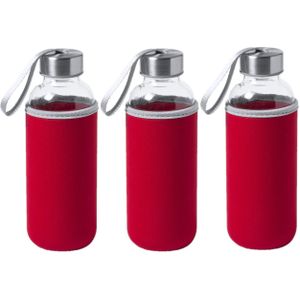 3x Stuks glazen waterfles/drinkfles met rode softshell bescherm hoes 420 ml - Sportfles - Bidon