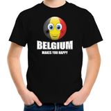 Belgium makes you happy landen t-shirt Belgie met emoticon - zwart - kinderen - Belgie landen shirt met Belgische vlag - EK / WK / Olympische spelen outfit / kleding