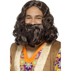 Toppers Bruine hippie pruik en baard voor heren
