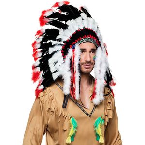 Boland Luxe indianen veren tooi voor heren - zwart/wit/rood - met ornamenten - carnaval/verkleed accessoires - volwassenen