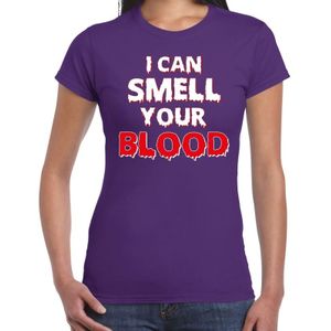 Halloween I can smell your blood / ruik je bloed verkleed t-shirt paars voor dames - horror shirt / kleding / kostuum