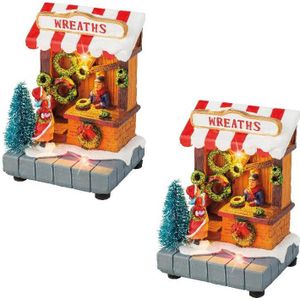 2x stuks kerstdorp kersthuisjes kransen winkeltjes met verlichting 8 x 11 cm - Kerstdorp onderdelen kerstversiering