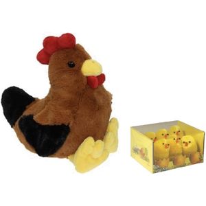 Pluche bruine kippen/hanen knuffel van 25 cm met 6x stuks mini kuikentjes 5 cm - Paas/pasen decoratie