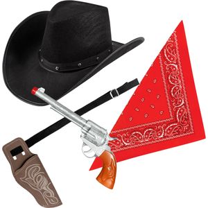 Carnaval verkleeds set cowboyhoed Billy - zwart - rode hals zakdoek - holster met revolver