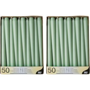 100x stuks Voordeelverpakking dinerkaarsen jade groen - 25 cm - 7 branduren