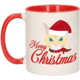 Cadeau kerstmok rood Merry Christmas met kat - 300 ml - keramiek - mok / beker - Kerstmis - kerstcadeau kattenliefhebbers