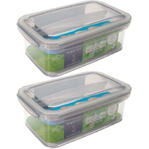 2x Voorraad/vershoudbakjes met tray 1,9 ltr transparant/grijs plastic 24 x 15 cm - Tudela - Voedsel bewaarbakjes - Diepvriesbakjes