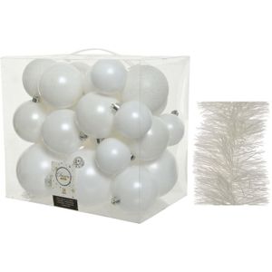 Kerstversiering kunststof kerstballen 6-8-10 cm met folieslingers pakket winter wit van 28x stuks - Kerstboomversiering