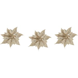 4x stuks decoratie bloemen roos champagne glitter op clip 10 cm - Decoratiebloemen/kerstboomversiering/kerstversiering