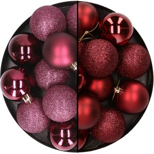 24x stuks kunststof kerstballen mix van aubergine en donkerrood 6 cm - Kerstversiering