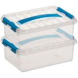 2x Sunware Q-Line opberg boxen/opbergdozen 4 liter 30 x 20 x 10 cm kunststof - platte/smalle opslagbox - Opbergbak kunststof transparant/blauw