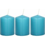 3x Turquoise blauwe cilinderkaarsen/stompkaarsen 6 x 8 cm 21 branduren - Geurloze kaarsen turkoois blauw - Woondecoraties