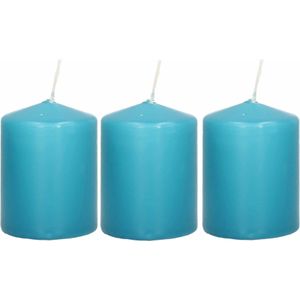 3x Turquoise blauwe cilinderkaarsen/stompkaarsen 6 x 8 cm 21 branduren - Geurloze kaarsen turkoois blauw - Woondecoraties