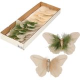 10x stuks decoratie vlinders op clip creme/beige 11 x 8 cm - vlindertjes versiering - Kerstboomversiering