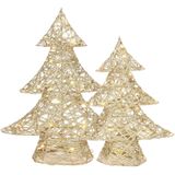Decoratie kerstboompjes - 2x st - goud - met verlichting - H35 en h48 cm