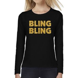 Bling Bling goud glitter tekst t-shirt long sleeve zwart voor dames- zwart Bling Blingshirt met lange mouwen voor dames