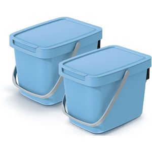 Keden GFT aanrecht afvalbak - 2x - lichtblauw - 6L - afsluitbaar - 20 x 26 x 20 cm - klepje/hengsel - kleine prullenbakken - afval scheiden