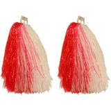 4x Stuks cheerball/pompom rood/wit met ringgreep 33 cm - Cheerleader verkleed accessoires