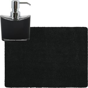 MSV badkamer droogloop tapijt - Langharig - 50 x 70 cm - incl zeeppompje 260 ml - zwart