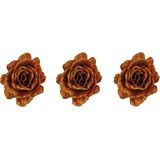 3x stuks decoratie bloemen roos koper glitter op clip 10 cm - Decoratiebloemen/kerstboomversiering/kerstversiering