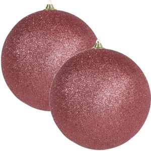 2x Grote koraal rode glitter kerstballen 18 cm - hangdecoratie / boomversiering glitter kerstballen