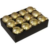12x Glazen gedecoreerde gouden kerstballen 7,5 cm - Luxe glazen kerstballen - kerstversiering goud