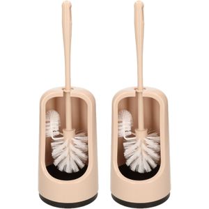 2x stuks wc-borstels/toiletborstels met randreiniger en houder beige 41 cm van kunststof - Toiletgarnituur