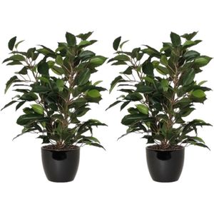 2x stuks groene ficus kunstplant 40 cm met plantenpot zwart D13.5 en H12.5 cm