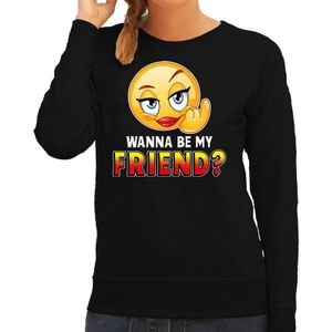 Funny emoticon sweater Wanna be my friend zwart voor dames - Fun / cadeau trui